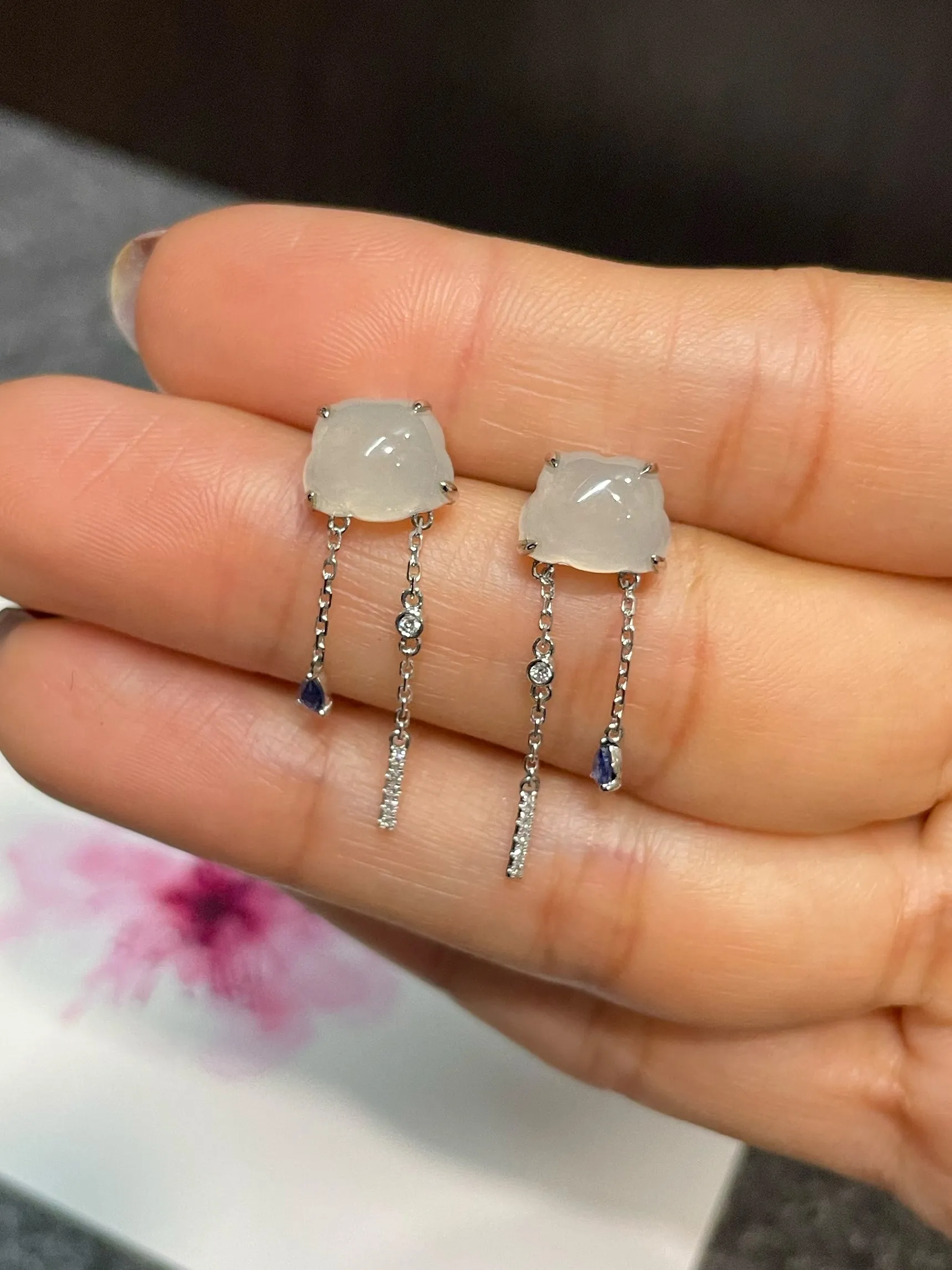 White Jadeite Earrings - Fluffy Clouds (NJE190)